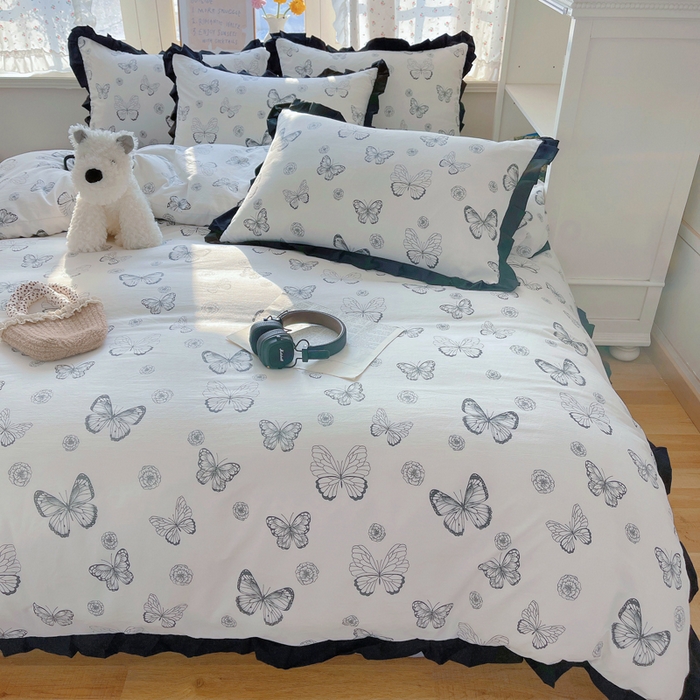 91家纺网 家纺一手货源 找家纺 红嘴企鹅 2025新款双层纱水洗棉赫本风四件套 赫本风-蝴蝶