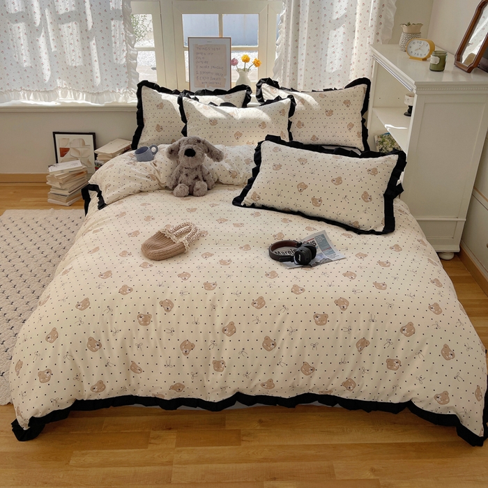 91家纺网 家纺一手货源 找家纺 红嘴企鹅 2025新款双层纱水洗棉赫本风四件套 赫本风-蝴蝶结小熊