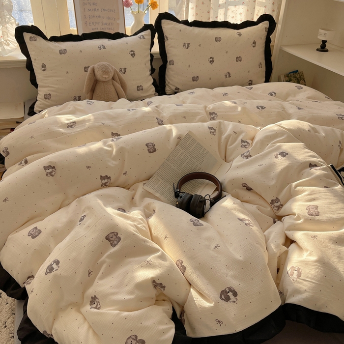 91家纺网 家纺一手货源 找家纺 红嘴企鹅 2025新款双层纱水洗棉赫本风四件套 赫本风-哈基米