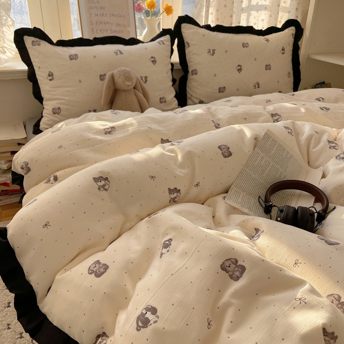 91家纺网 家纺一手货源 找家纺 红嘴企鹅 2025新款双层纱水洗棉赫本风四件套 赫本风-哈基米