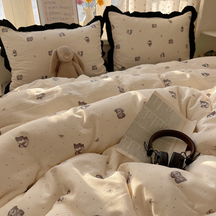 91家纺网 家纺一手货源 找家纺 红嘴企鹅 2025新款双层纱水洗棉赫本风四件套 赫本风-哈基米