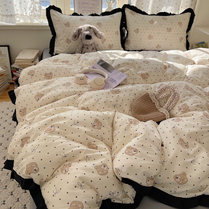 91家纺网 家纺一手货源 找家纺 红嘴企鹅 2025新款双层纱水洗棉赫本风四件套 赫本风-蝴蝶结小熊