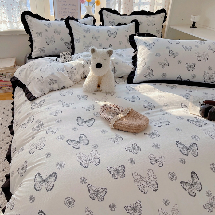 91家纺网 家纺一手货源 找家纺 红嘴企鹅 2025新款双层纱水洗棉赫本风四件套 赫本风-蝴蝶