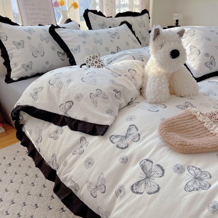 91家纺网 家纺一手货源 找家纺 红嘴企鹅 2025新款双层纱水洗棉赫本风四件套 赫本风-蝴蝶