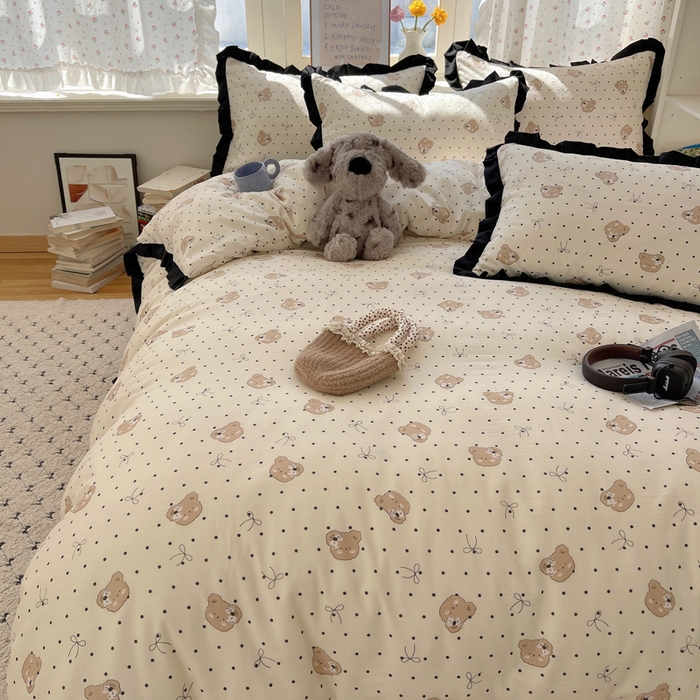 91家纺网 家纺一手货源 找家纺 红嘴企鹅 2025新款双层纱水洗棉赫本风四件套 赫本风-蝴蝶结小熊