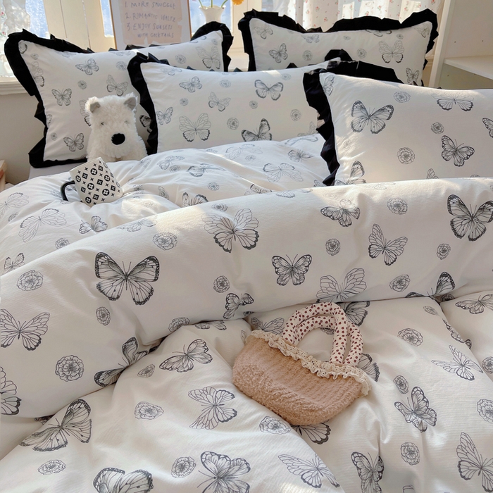 91家纺网 家纺一手货源 找家纺 红嘴企鹅 2025新款双层纱水洗棉赫本风四件套 赫本风-蝴蝶