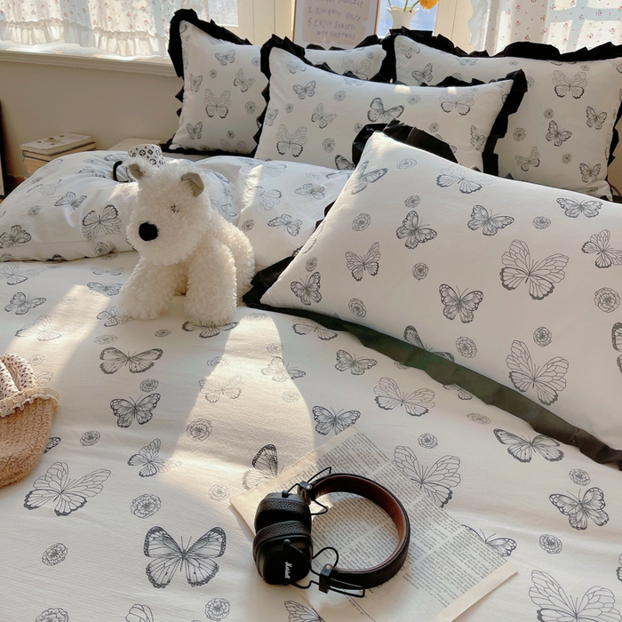 91家纺网 家纺一手货源 找家纺 红嘴企鹅 2025新款双层纱水洗棉赫本风四件套 赫本风-蝴蝶