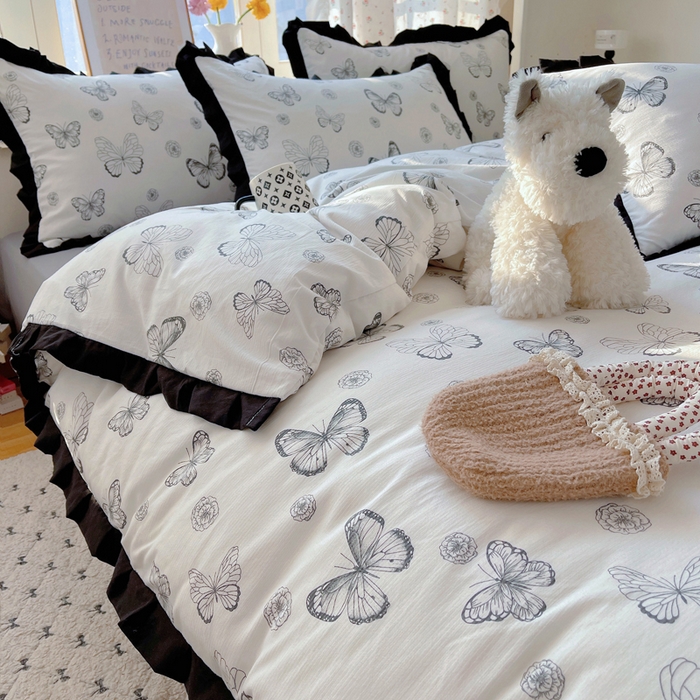 91家纺网 家纺一手货源 找家纺 红嘴企鹅 2025新款双层纱水洗棉赫本风四件套 赫本风-蝴蝶