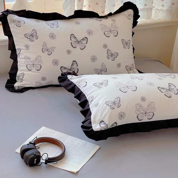 91家纺网 家纺一手货源 找家纺 红嘴企鹅 2025新款双层纱水洗棉赫本风四件套 赫本风-蝴蝶