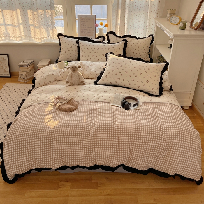 91家纺网 家纺一手货源 找家纺 红嘴企鹅 2025新款双层纱水洗棉赫本风四件套 赫本风-花蘑菇