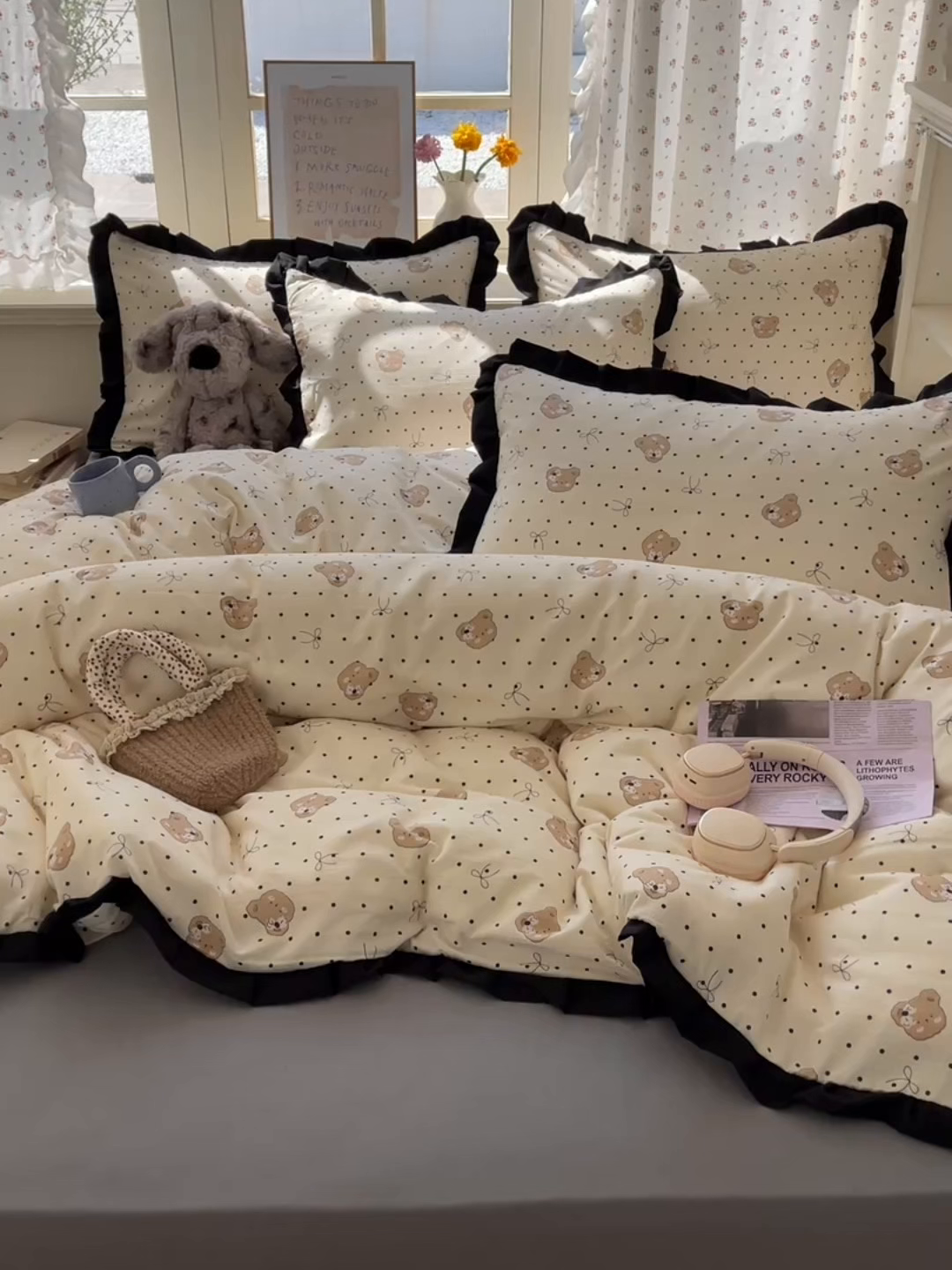 91家纺网 家纺一手货源 找家纺 红嘴企鹅 2025新款双层纱水洗棉赫本风四件套 赫本风-蝴蝶结小熊