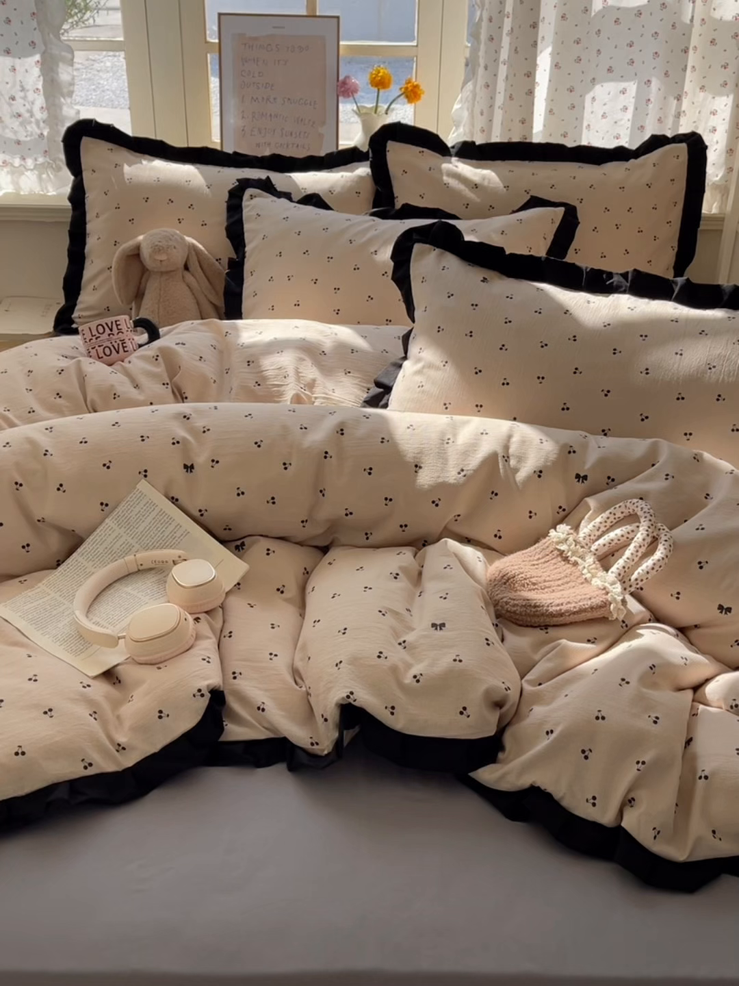 91家纺网 家纺一手货源 找家纺 红嘴企鹅 2025新款双层纱水洗棉赫本风四件套 赫本风-樱桃