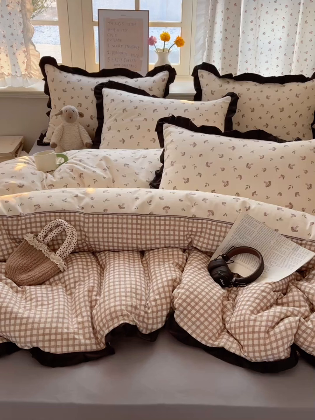 91家纺网 家纺一手货源 找家纺 红嘴企鹅 2025新款双层纱水洗棉赫本风四件套 赫本风-花蘑菇