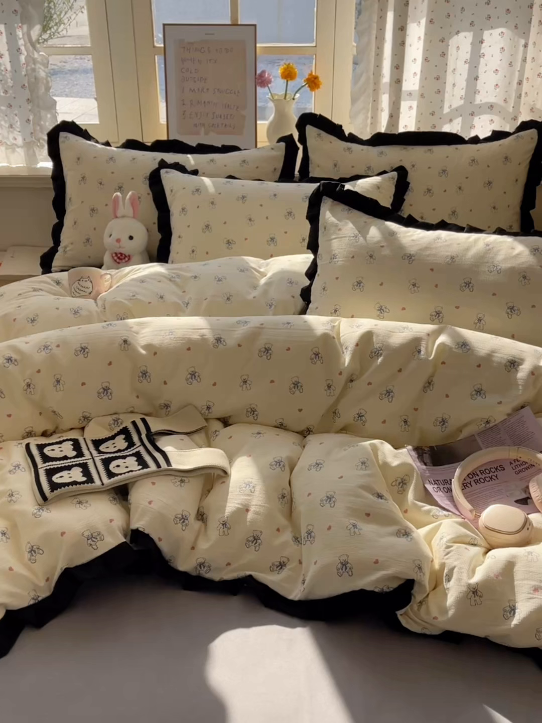 91家纺网 家纺一手货源 找家纺 红嘴企鹅 2025新款双层纱水洗棉赫本风四件套 赫本风-抱抱熊