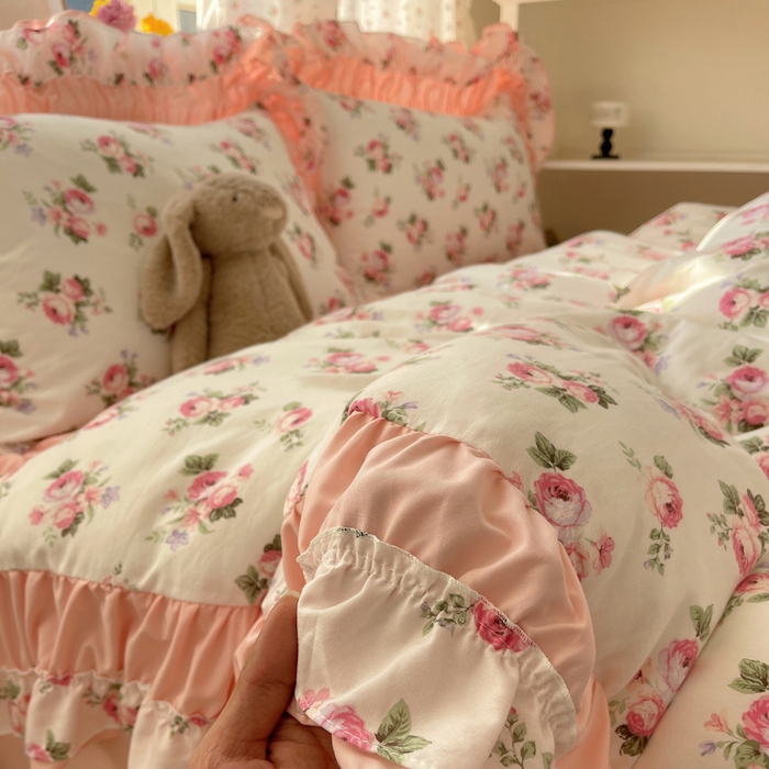 91家纺网 家纺一手货源 找家纺 红嘴企鹅 2025新款水洗棉公主风韩版双花边四件套 丽莎-双拼花边