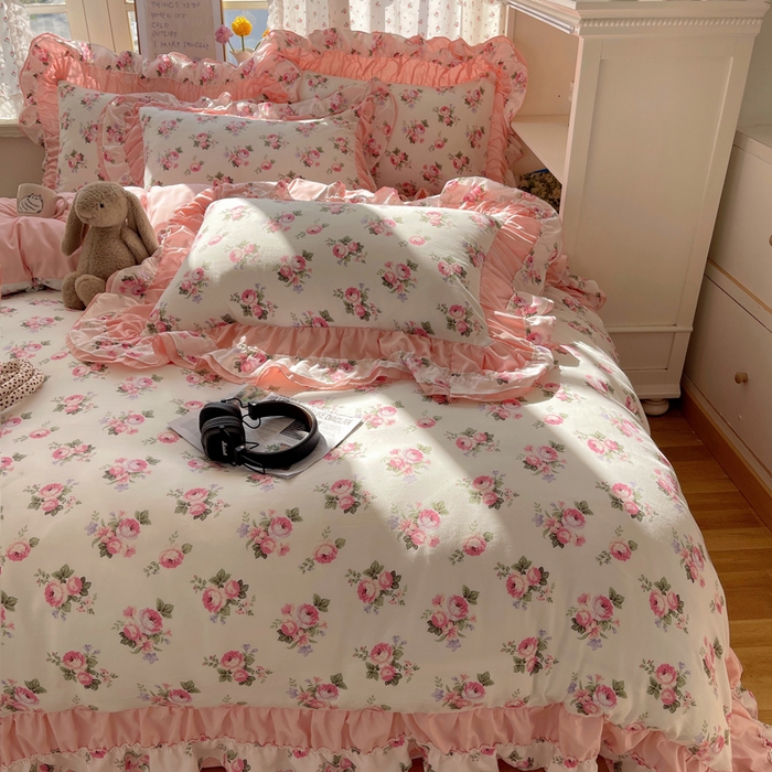 91家纺网 家纺一手货源 找家纺 红嘴企鹅 2025新款水洗棉公主风韩版双花边四件套 丽莎-双拼花边