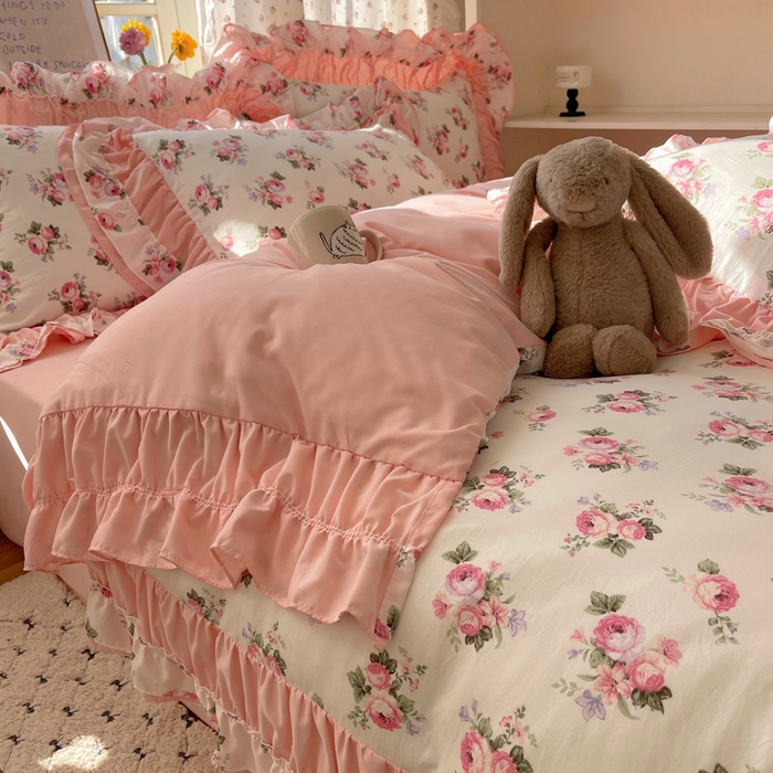 91家纺网 家纺一手货源 找家纺 红嘴企鹅 2025新款水洗棉公主风韩版双花边四件套 丽莎-双拼花边