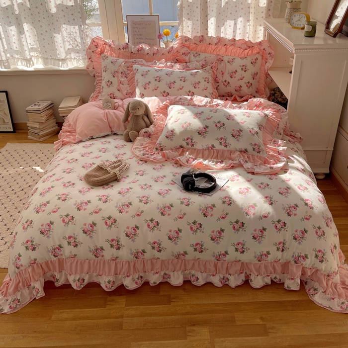 91家纺网 家纺一手货源 找家纺 红嘴企鹅 2025新款水洗棉公主风韩版双花边四件套 丽莎-双拼花边