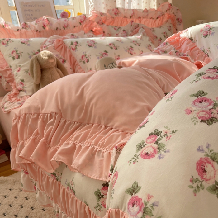 91家纺网 家纺一手货源 找家纺 红嘴企鹅 2025新款水洗棉公主风韩版双花边四件套 丽莎-双拼花边