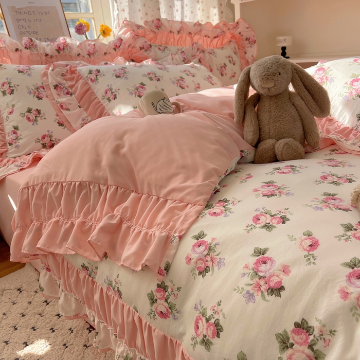 91家纺网 家纺一手货源 找家纺 红嘴企鹅 2025新款水洗棉公主风韩版双花边四件套 丽莎-双拼花边