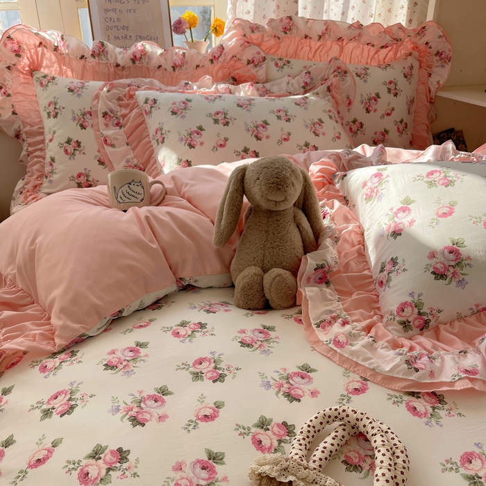 91家纺网 家纺一手货源 找家纺 红嘴企鹅 2025新款水洗棉公主风韩版双花边四件套 丽莎-双拼花边