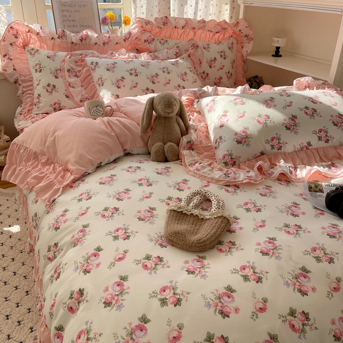 91家纺网 家纺一手货源 找家纺 红嘴企鹅 2025新款水洗棉公主风韩版双花边四件套 丽莎-双拼花边