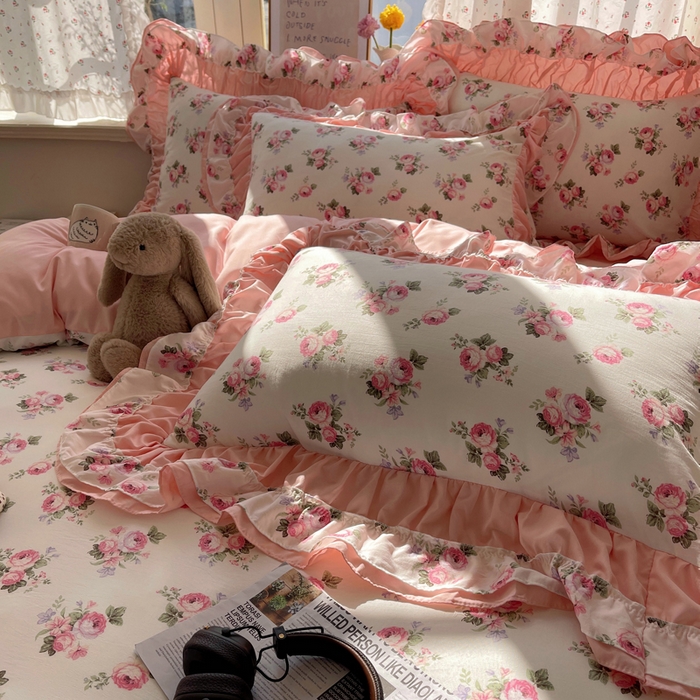 91家纺网 家纺一手货源 找家纺 红嘴企鹅 2025新款水洗棉公主风韩版双花边四件套 丽莎-双拼花边