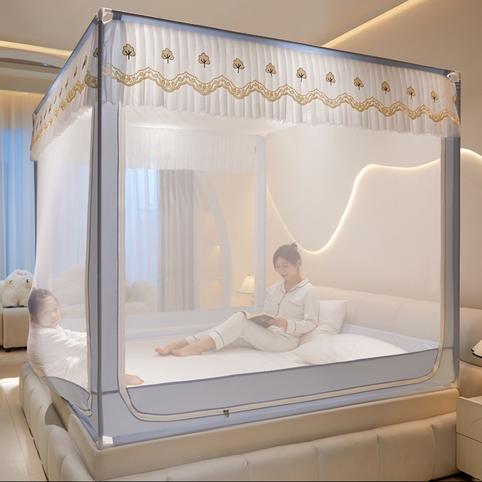 91家纺网 家纺一手货源 找家纺 星际优品 2025新款拉链式坐床防摔蚊帐-银杏系列 银杏-夏日灰蓝