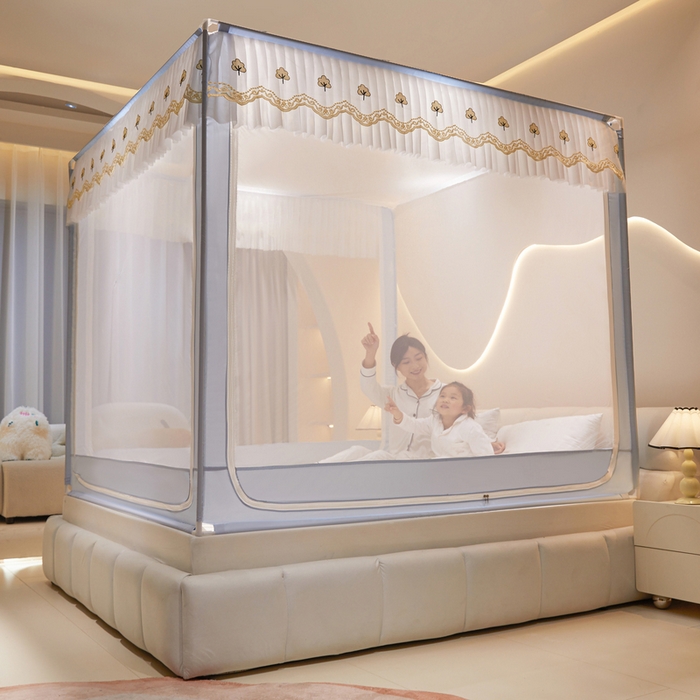 91家纺网 家纺一手货源 找家纺 星际优品 2025新款拉链式坐床防摔蚊帐-银杏系列 银杏-夏日灰蓝