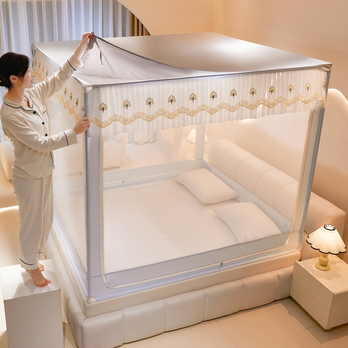 91家纺网 家纺一手货源 找家纺 星际优品 2025新款拉链式坐床防摔蚊帐-银杏系列 银杏-夏日灰蓝