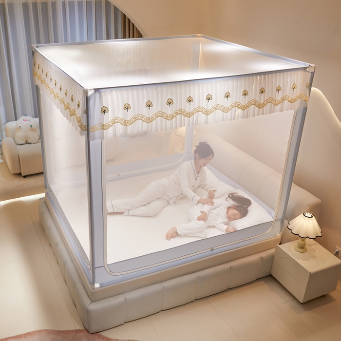 91家纺网 家纺一手货源 找家纺 星际优品 2025新款拉链式坐床防摔蚊帐-银杏系列 银杏-夏日灰蓝