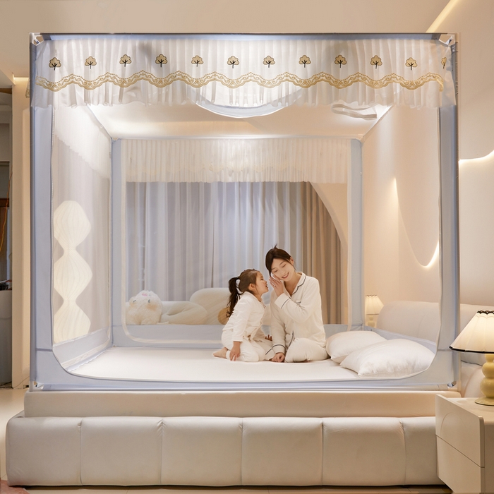 91家纺网 家纺一手货源 找家纺 星际优品 2025新款拉链式坐床防摔蚊帐-银杏系列 银杏-夏日灰蓝