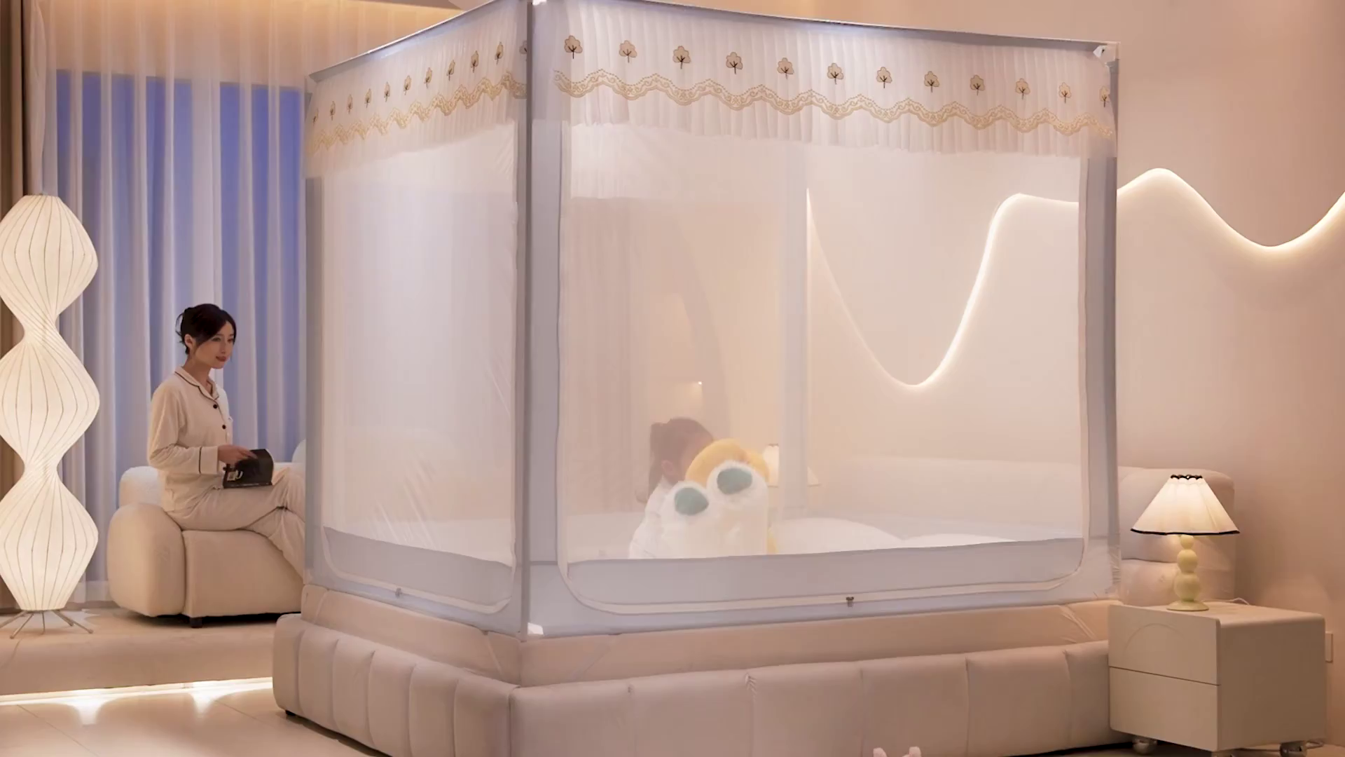 91家纺网 家纺一手货源 找家纺 星际优品 2025新款拉链式坐床防摔蚊帐-银杏系列 银杏-夏日灰蓝