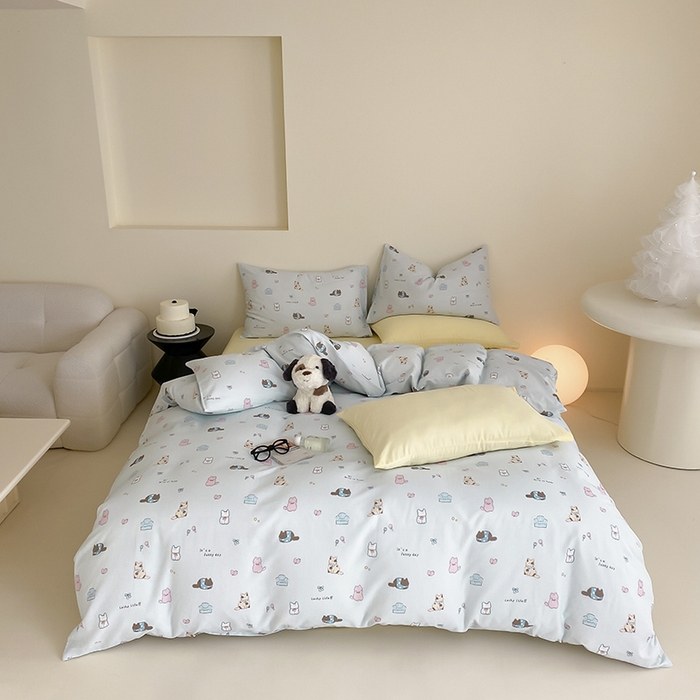 91家纺网 家纺一手货源 找家纺 时光里 2025新款A类全棉双层纱套件第一波 猫圈世界-蓝