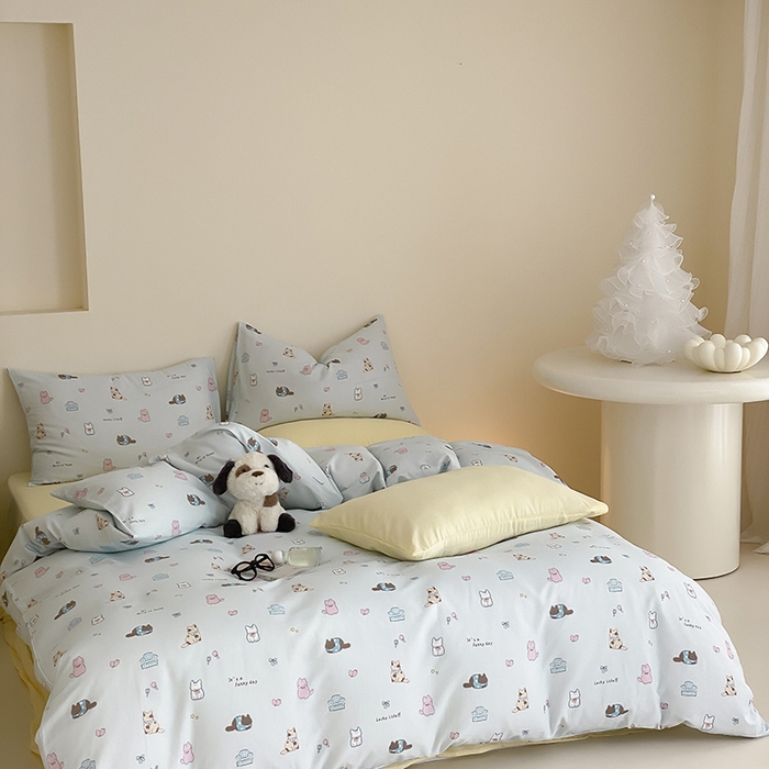 91家纺网 家纺一手货源 找家纺 时光里 2025新款A类全棉双层纱套件第一波 猫圈世界-蓝