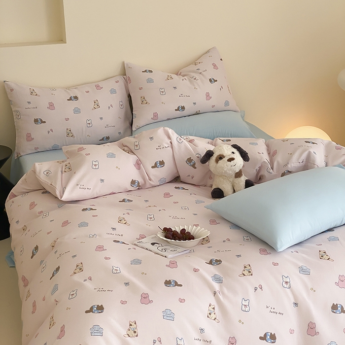 91家纺网 家纺一手货源 找家纺 时光里 2025新款A类全棉双层纱套件第一波 猫圈世界-粉