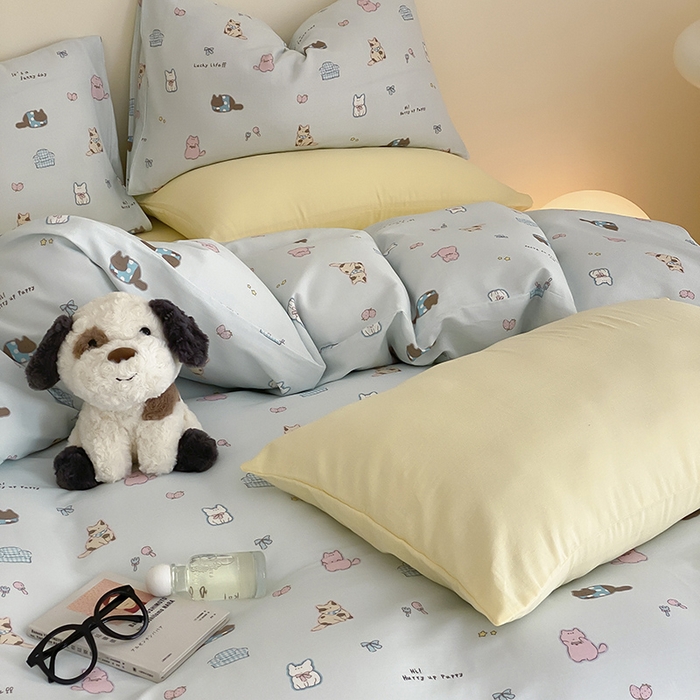 91家纺网 家纺一手货源 找家纺 时光里 2025新款A类全棉双层纱套件第一波 猫圈世界-蓝