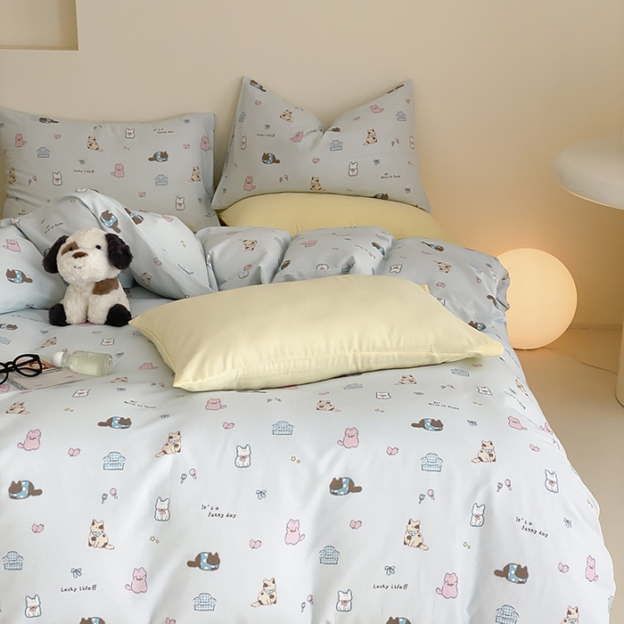 91家纺网 家纺一手货源 找家纺 时光里 2025新款A类全棉双层纱套件第一波 猫圈世界-蓝