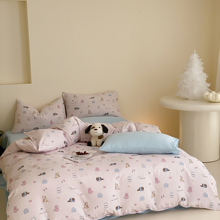 91家纺网 家纺一手货源 找家纺 时光里 2025新款A类全棉双层纱套件第一波 猫圈世界-粉