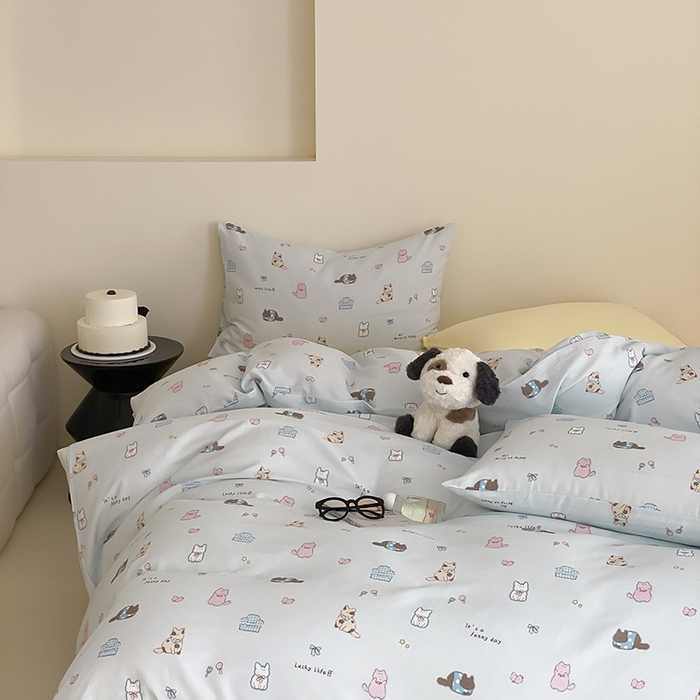 91家纺网 家纺一手货源 找家纺 时光里 2025新款A类全棉双层纱套件第一波 猫圈世界-蓝