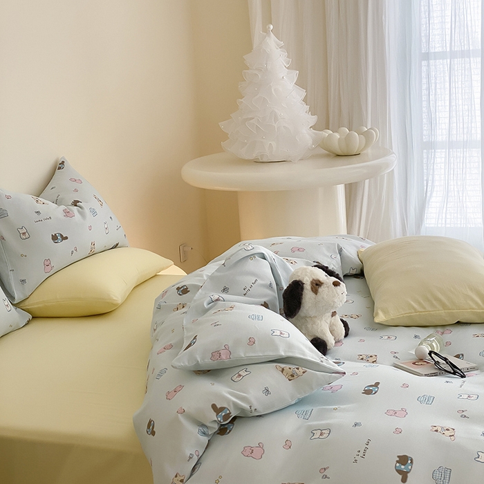 91家纺网 家纺一手货源 找家纺 时光里 2025新款A类全棉双层纱套件第一波 猫圈世界-蓝