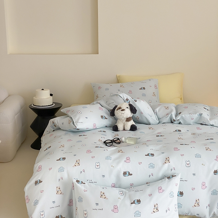 91家纺网 家纺一手货源 找家纺 时光里 2025新款A类全棉双层纱套件第一波 猫圈世界-蓝