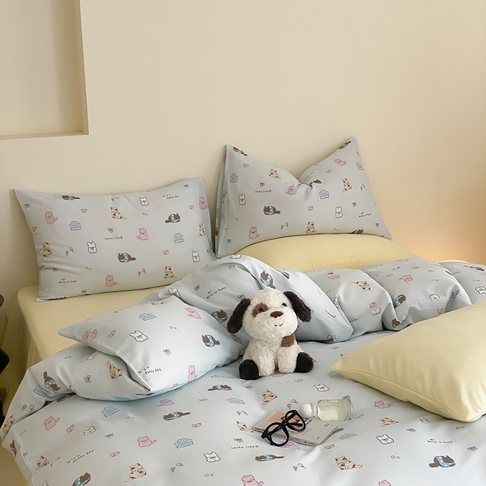 91家纺网 家纺一手货源 找家纺 时光里 2025新款A类全棉双层纱套件第一波 猫圈世界-蓝