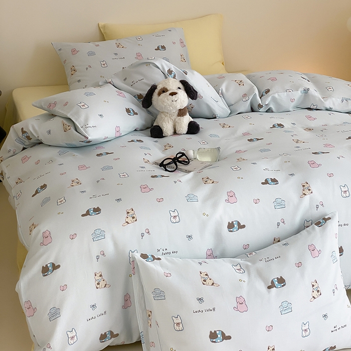 91家纺网 家纺一手货源 找家纺 时光里 2025新款A类全棉双层纱套件第一波 猫圈世界-蓝