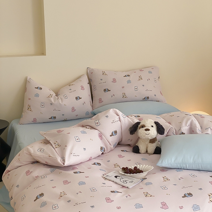 91家纺网 家纺一手货源 找家纺 时光里 2025新款A类全棉双层纱套件第一波 猫圈世界-粉