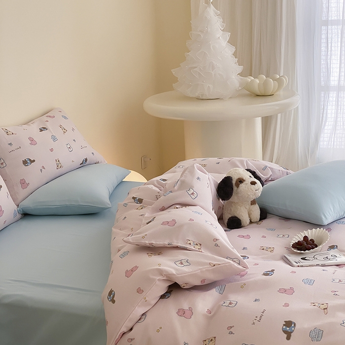 91家纺网 家纺一手货源 找家纺 时光里 2025新款A类全棉双层纱套件第一波 猫圈世界-粉