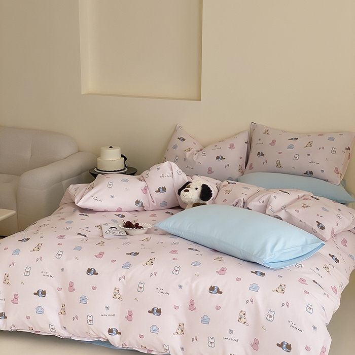 91家纺网 家纺一手货源 找家纺 时光里 2025新款A类全棉双层纱套件第一波 猫圈世界-粉