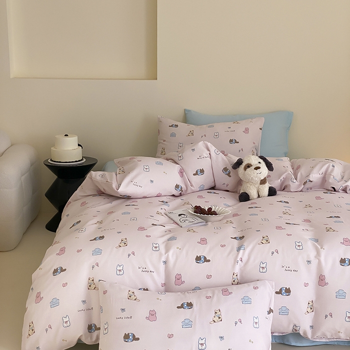 91家纺网 家纺一手货源 找家纺 时光里 2025新款A类全棉双层纱套件第一波 猫圈世界-粉