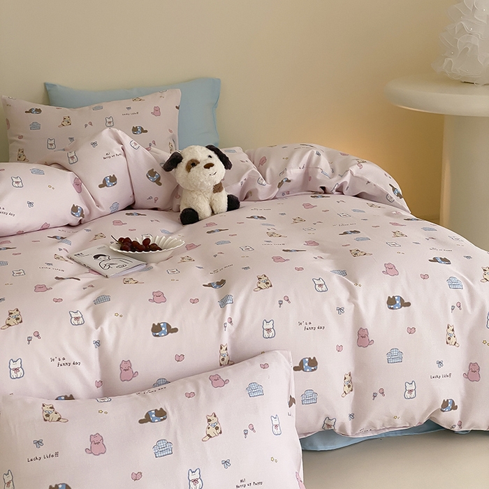 91家纺网 家纺一手货源 找家纺 时光里 2025新款A类全棉双层纱套件第一波 猫圈世界-粉