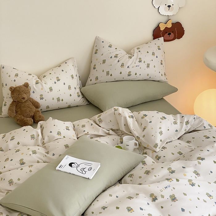 91家纺网 家纺一手货源 找家纺 时光里 2025新款A类全棉双层纱套件第一波 萌宠宝宝-绿